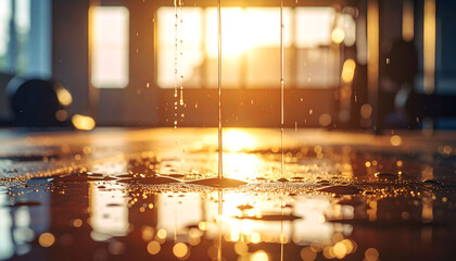 Fototapeta premium Reflecting Sunlight: Close-up of water droplets on a wooden floor in a gymnasium, with sunlight creating bokeh effects. Capturing the interplay of light and water.