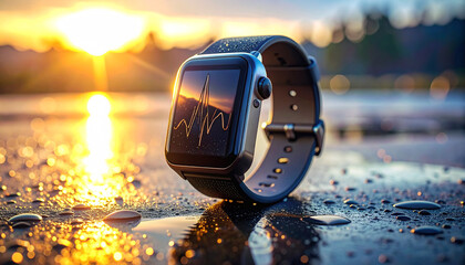 Modern smartwatch technology in outdoor scene, features health monitoring, fitness tracking and staying connected with ease amidst a vibrant natural landscape.