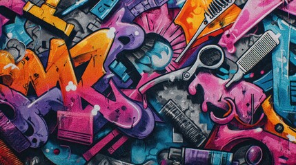 Fototapeta premium Vibrant Graffiti Art Depicting Barber Tools with Dynamic Colors and Abstract Style, Urban Art