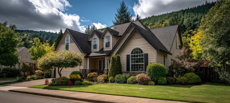 Inviting suburban home with manicured lawn and beautiful landscaping showcasing classic American architecture and lush greenery