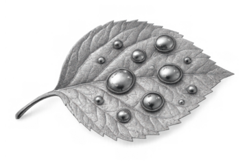 Metallic water drops on a leaf drawing representing nature and technology fusion, transparent background