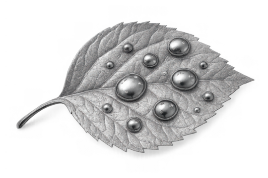 Metallic water drops on a leaf drawing representing nature and technology fusion, transparent background