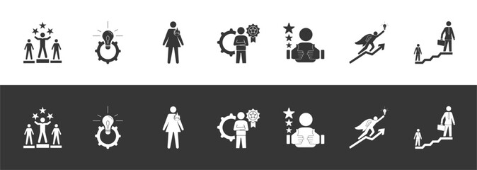 excellence glyph icon group illustration includes competence, innovation, passion, service, satisfaction, motivation with different colors and backgrounds