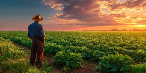 Contemplative farmer surveys his vibrant crop at sunset, demonstrating agricultural success and serene rural life