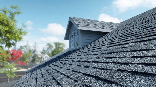 Asphalt Shingle Roof with Dormer on a Residential House, Showing Roofing Material and Blue Sky