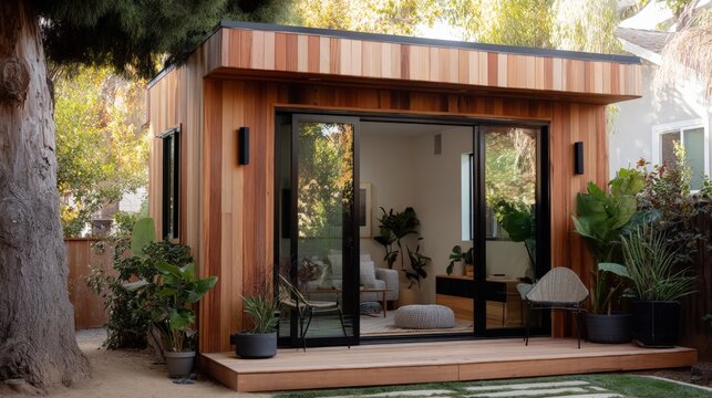 Modern Prefabricated Backyard Office with Wood Siding and Sliding Glass Doors, Ideal for Remote Work and Studio