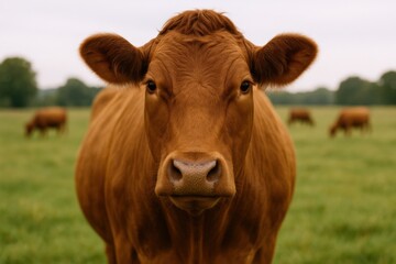 Portrait of a Brown Cow Grazing in a Green Field with Other Cattle in Background