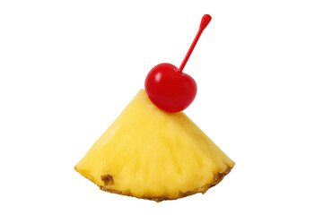 Pineapple slice with maraschino cherry garnish on stick
