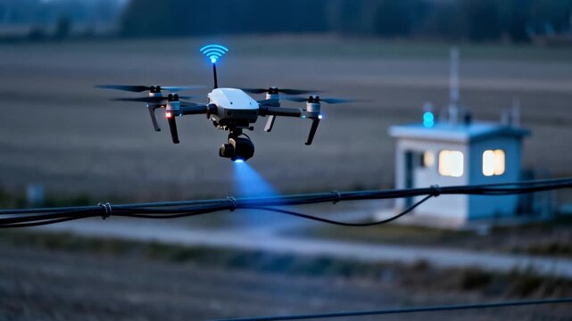 Autonomous inspection drone flying alongside transmission lines transmitting live data to a control center for proactive infrastructure management.
