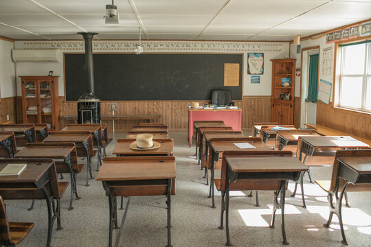 amish one room schoolhouse showing blackboard