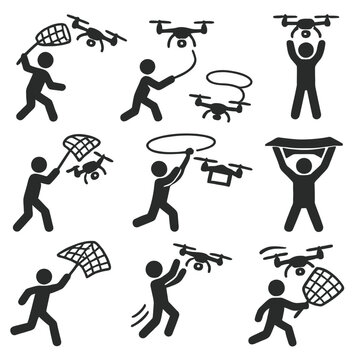 Drone Capture Net and UAV Interception Silhouette Icons