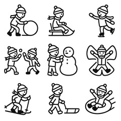 Children Outdoor Winter Activities Line Icons Set
