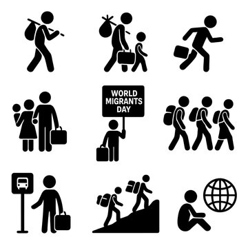 World Migrants Day and Human Migration Silhouette Icons Set
