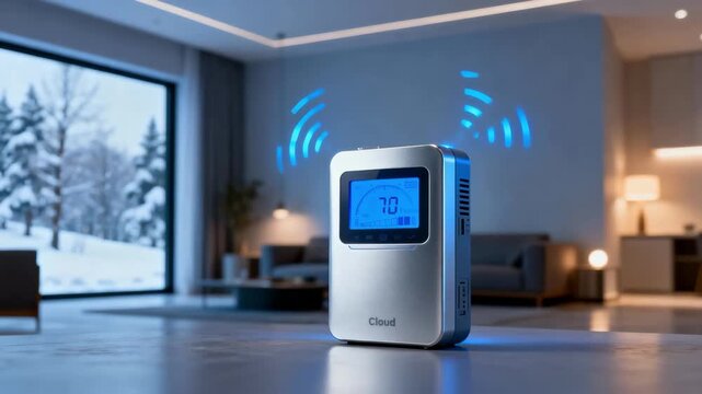 Medium shot of a cloudconnected winterization control device transmitting data to optimize energy use during seasonal changes in a modern home