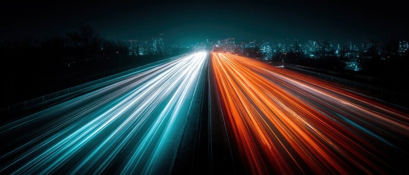 Abstract long exposure of blurred car light trails on a highway at night with city skyline
