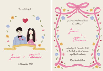 Wedding invitation card design cute coquette with floral frame and couple