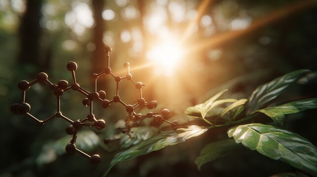 Three dimensional molecular structure rests upon lush green foliage illuminated by bright sunlight