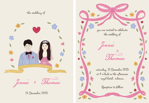 Wedding invitation card design cute coquette with floral frame and couple