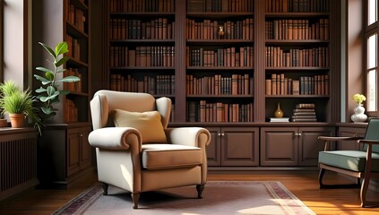 Chair positioned in front of a bookshelf in a cozy reading corner, inviting quiet relaxation and peaceful home interior atmosphere with warm decor and comfortable furniture
