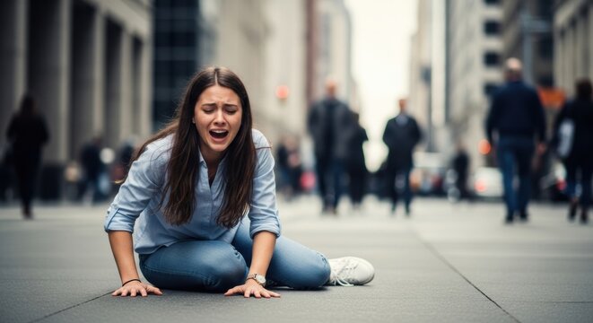 Distressed Woman Having a Panic Attack and Crying on a Busy City Sidewalk, Feeling Alone and Ignored by the Crowd.