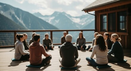 Blurred view of a group meditation or yoga retreat session in a circle on a mountain deck.