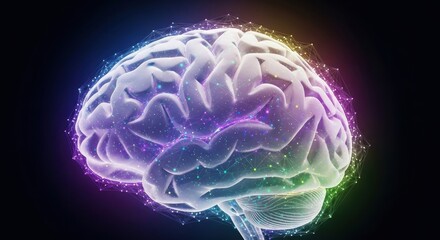 AI Brain Concept: A Glowing Human Brain with a Colorful Plexus Network Representing Neural Activity and Artificial Intelligence.