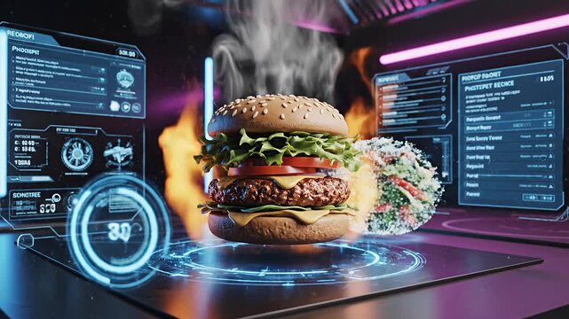 Futuristic Kitchen with Holographic Food Preparation and Advanced Cooking Technology.