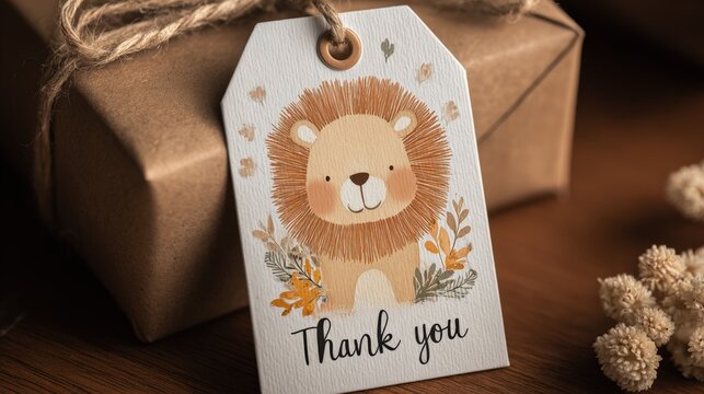 Adorable Lion Thank You Tag on Gift Box: Cute Animal Celebration for Baby Shower