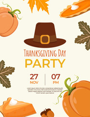 Thanksgiving Day Party Invitation &ndash; Festive Autumn Card with Pilgrim Hat, Pumpkin Pie, Leaves and Seasonal Elements in Flat Vector Style