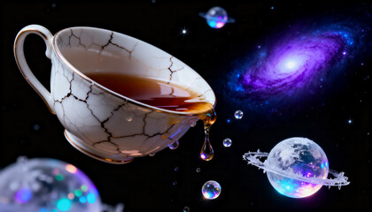 Surreal teacup pouring liquid into outer space with galaxies and glowing planets
