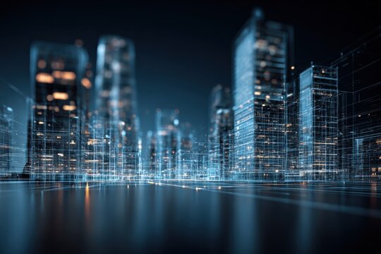 Futuristic Cityscape with Glowing Outlines and Reflections, Representing Technological Advancement and Modern Urban Planning - Powered by Adobe