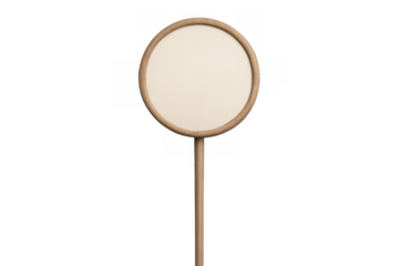 Blank round protest sign with wooden frame and stick for customizable message, empty communication space with transparent background