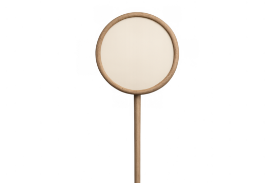 Blank round protest sign with wooden frame and stick for customizable message, empty communication space with transparent background