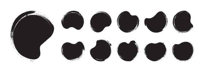 Paint brush shape, round blob, grunge stain irregular texture. Organic circle charcoal stroke, ink sketch doodle. Abstract smooth edge form, watercolor bubble isolated on white bg. Vector illustration