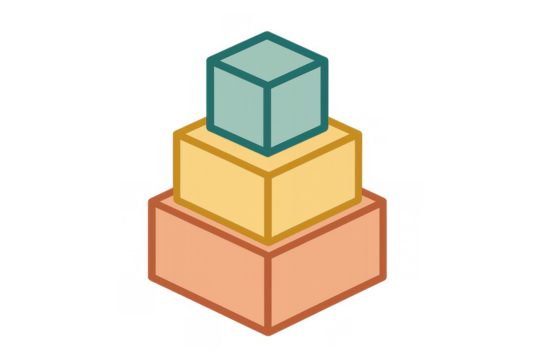 Stacking colorful geometric cubes building an ascending hierarchy, progress, or business structure on transparent background