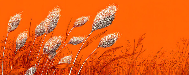 Fototapeta premium Cereal rye bread background. Leaves and ears of wheat wrapper. Agriculture straw. Orange contour line vector. Horizontal banner.