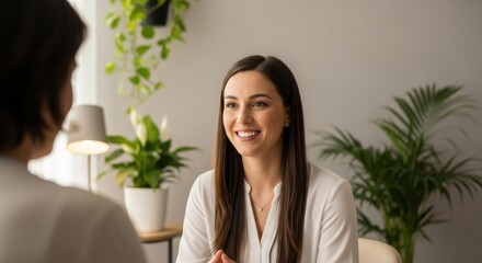 Smiling female psychologist or counselor in a therapy session with a client in a bright, plant-filled office.