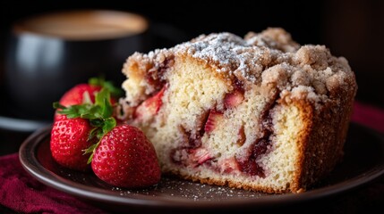 Delicious Strawberry Crumb Cake Slice with Coffee, Garnished with Fresh Berries and Powdered Sugar
