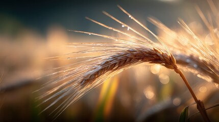 Fototapeta premium Close-up of Wheat Stalk with Dew Drops Gleaming in Sunlight, Agriculture and Harvest Concept