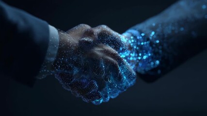 Business partners shaking hands with futuristic holographic blockchain data overlays illustrating speed and trust in automated transaction verification.