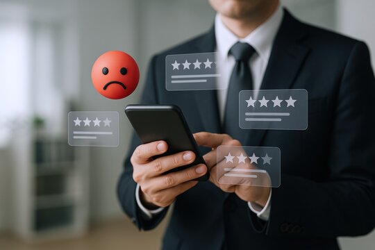 Unhappy customer leaving negative rating and review online using smartphone app, feedback and service experience