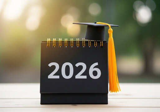 A calendar displays the year 2026, with a graduation cap, symbolizing future academic achievement and goals