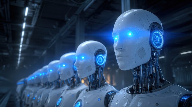 Row of humanoid robots with glowing blue eyes stand in a futuristic factory.
