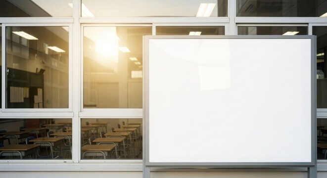 A blank whiteboard stands prominently in front of a windowed classroom, ready for presentations.