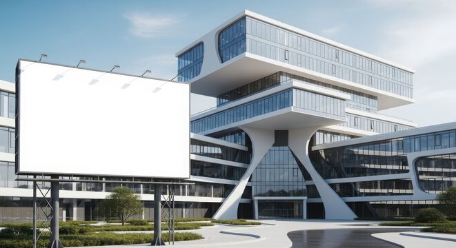 Modern office building with a large blank billboard against a bright blue sky.