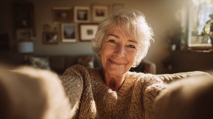 Smiling Senior Woman Taking Selfie in Cozy Home, Capturing Joyful Moments of Daily Life
