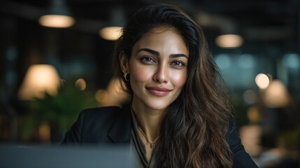 Obraz premium Confident Businesswoman Portrait: Professional Woman with Long Hair in Modern Office Setting Smiling