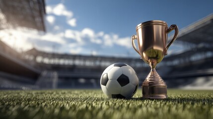 Golden trophy cup and a soccer ball standing in the middle of a soccer field