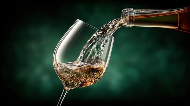 Pouring white wine into glass against a dark green background in a studio shot