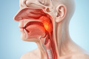 Fototapeta premium Anatomically accurate rendering of nasopharyngeal cancer, highlighting a red-orange tumor spreading from the nasal cavity to the upper pharyngeal region with clear contrast against healthy tissue.